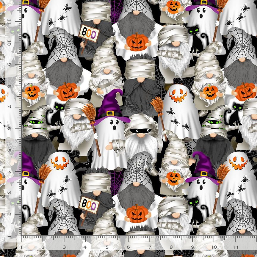 Timeless Treasures Mummy Gnomes Halloween Pumpkin Black Cats Spider Black (TT Gnomebody's Scared 1)