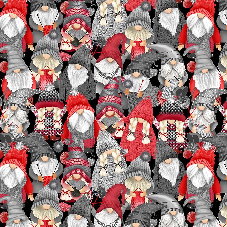 Timeless Treasures Packed Knitting Gnomes Sewing Grey Remnant (30cm x 112cm TT Knit A Little Magic 2)