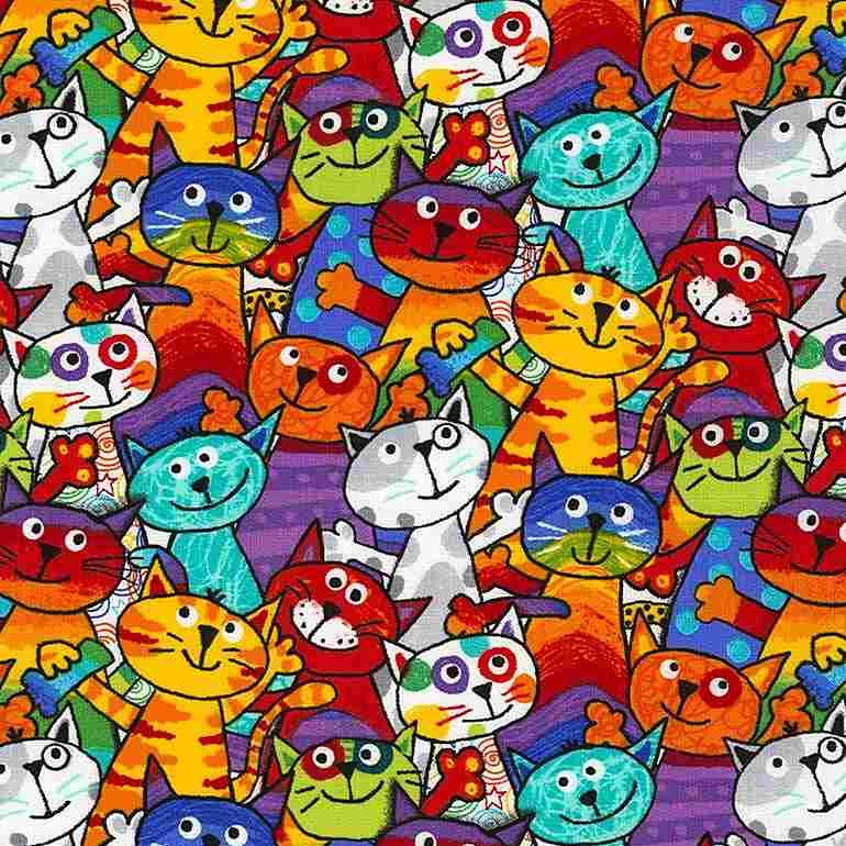 Timeless Treasures Stacked Bright Colourful Cats Feline Animals Multicoloured Remnant (22cm x 112cm TT Meow You Doing 3)