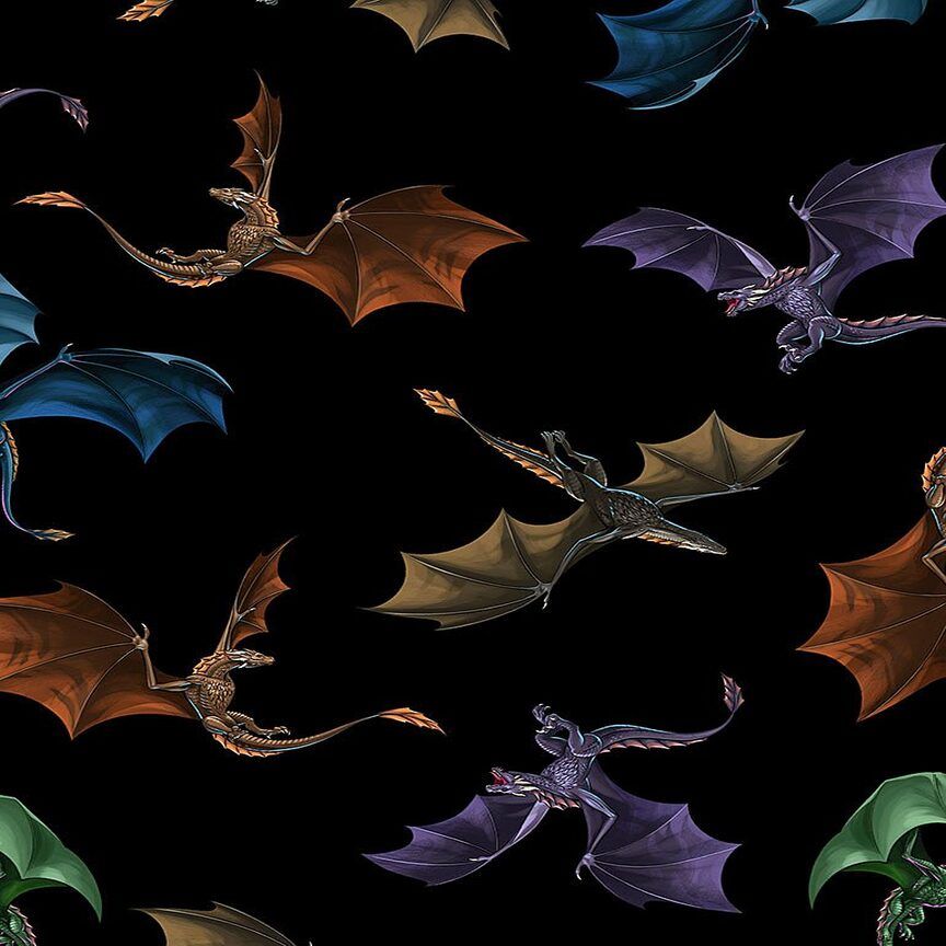 Timeless Treasures Mystical Flying Dragons Creatures Black (TT Dragon's Lair 5)