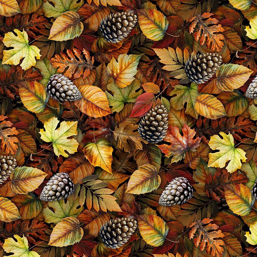 Timeless Treasures Packed Autumn Leaves & Pinecones Brown (TT Autumn Mist 1)