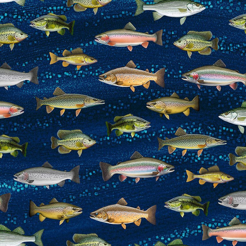 Timeless Treasures Salmon Trout Pike Fish Sea Ocean River Fishing Blue (TT Cabin Rules 1)