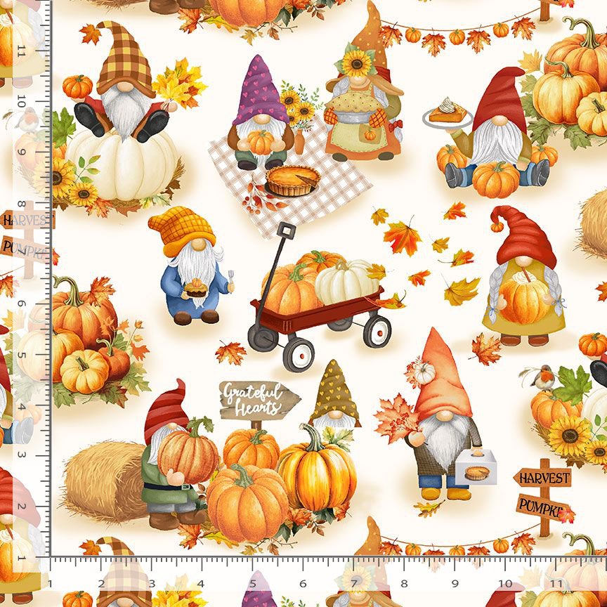 Timeless Treasures Gnomes Thanksgiving Pumpkins Celebrations Autumn Harvest Cream (TT Fall Festival 2)