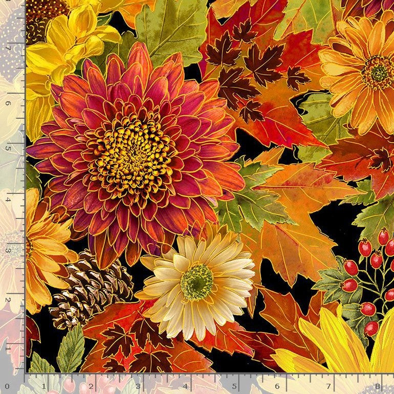 Timeless Treasures Packed Metallic Autumn Harvest Floral Bouquet Black (TT Thankful 3)