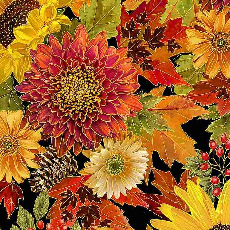 Timeless Treasures Packed Metallic Autumn Harvest Floral Bouquet Black (TT Thankful 3)