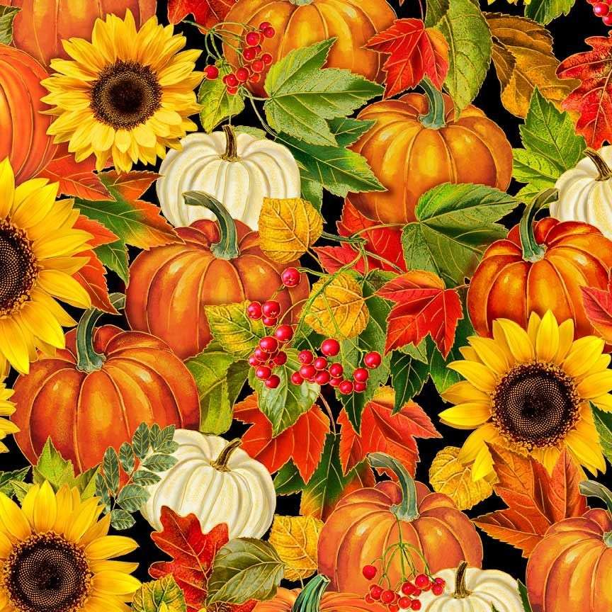 Timeless Treasures 100% Cotton Fabric Harvest Floral Pumpkin Sunflower Metallic Autumn Multi-Coloured (TT Fall Is In The Air 1)