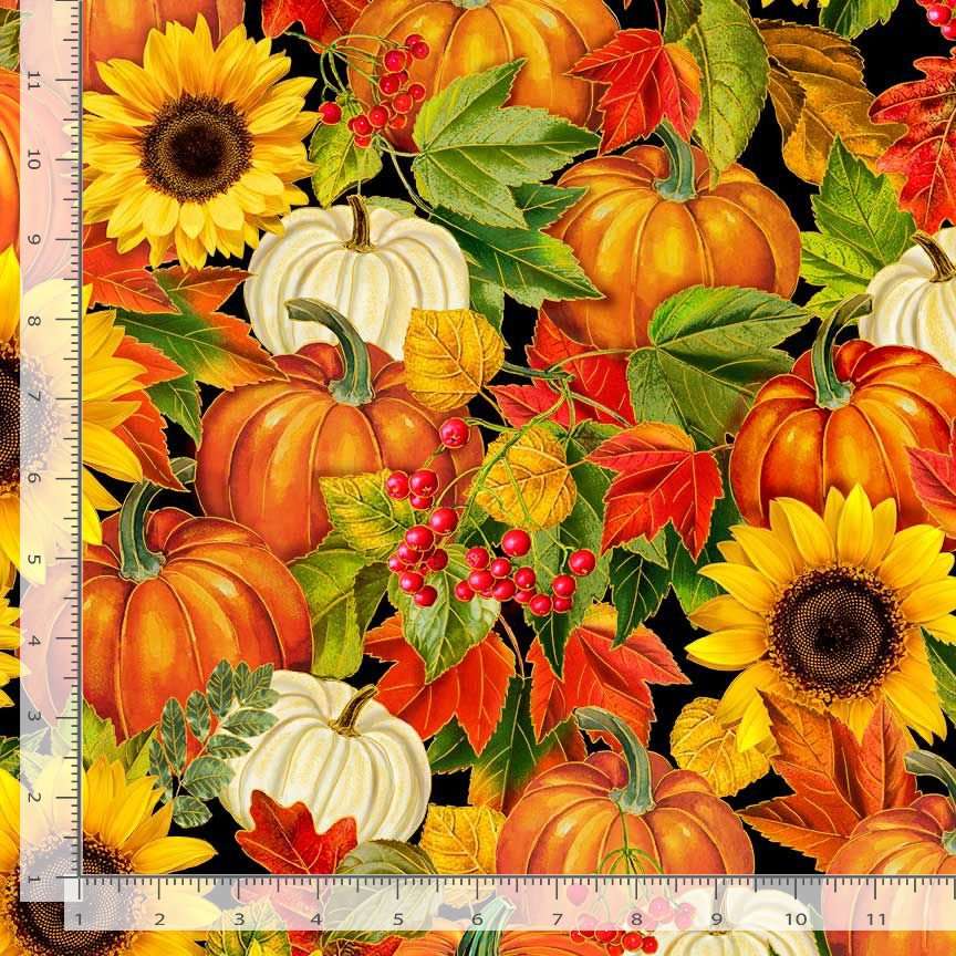 Timeless Treasures 100% Cotton Fabric Harvest Floral Pumpkin Sunflower Metallic Autumn Multi-Coloured (TT Fall Is In The Air 1)