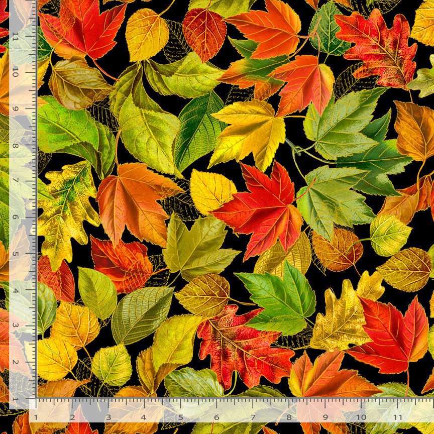 Timeless Treasures 100% Cotton Fabric Packed Metallic Fall Leaves Autumn Nature Black (TT Fall Is In The Air 3)