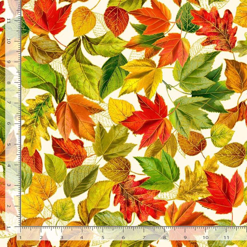 Timeless Treasures 100% Cotton Fabric Packed Metallic Fall Leaves Autumn Nature Cream (TT Fall Is In The Air 4)