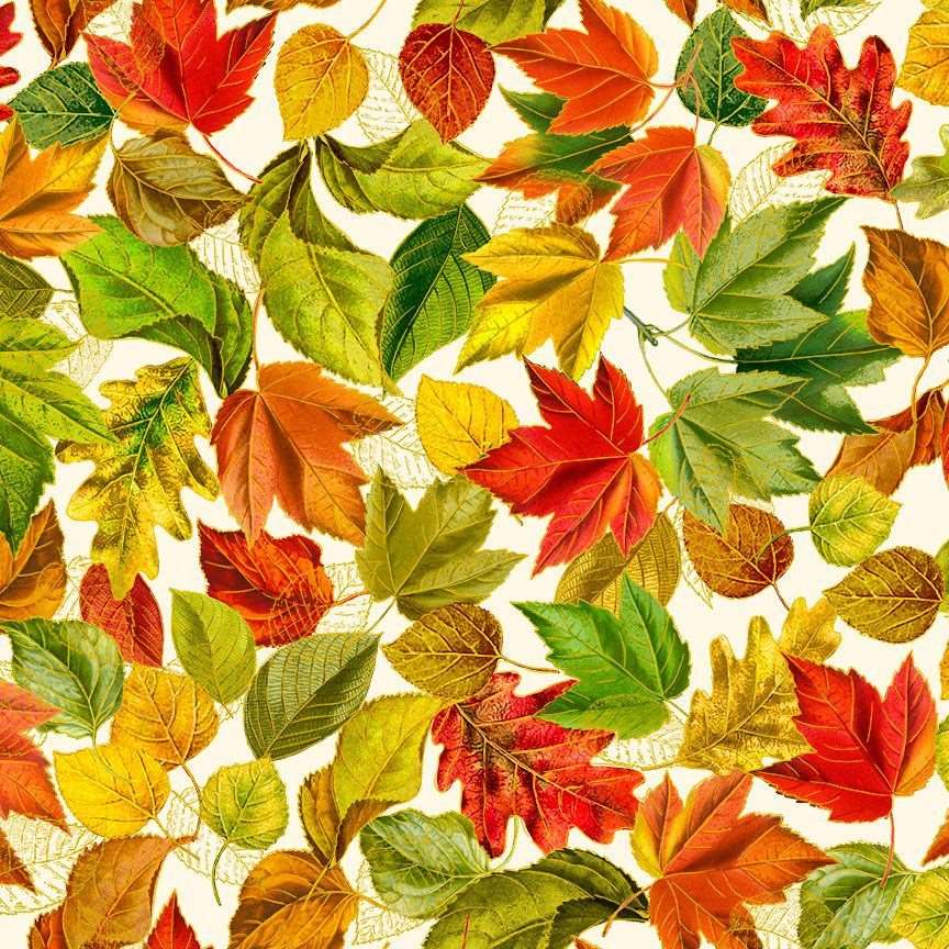 Timeless Treasures 100% Cotton Fabric Packed Metallic Fall Leaves Autumn Nature Cream (TT Fall Is In The Air 4)