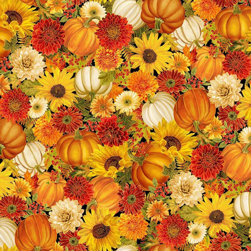 Timeless Treasures HARVEST CM4134 AUTUMN Harvest Floral & Pumpkin 100% Metallic Cotton Fabric | Quilting, Dressmaking & Craft Fabric (TT Give Thanks 2)