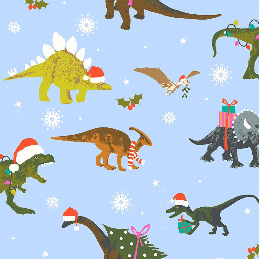 Timeless Treasures 100% Cotton Fabric Christmas Snowflakes Holiday Christmas Dinosaurs Blue Remnant (34cm x 112cm TT Santa-Saurus1)