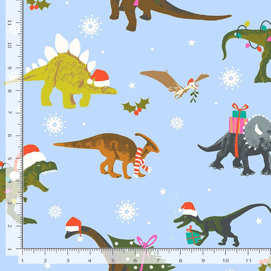 Timeless Treasures 100% Cotton Fabric Christmas Snowflakes Holiday Christmas Dinosaurs Blue Remnant (34cm x 112cm TT Santa-Saurus1)