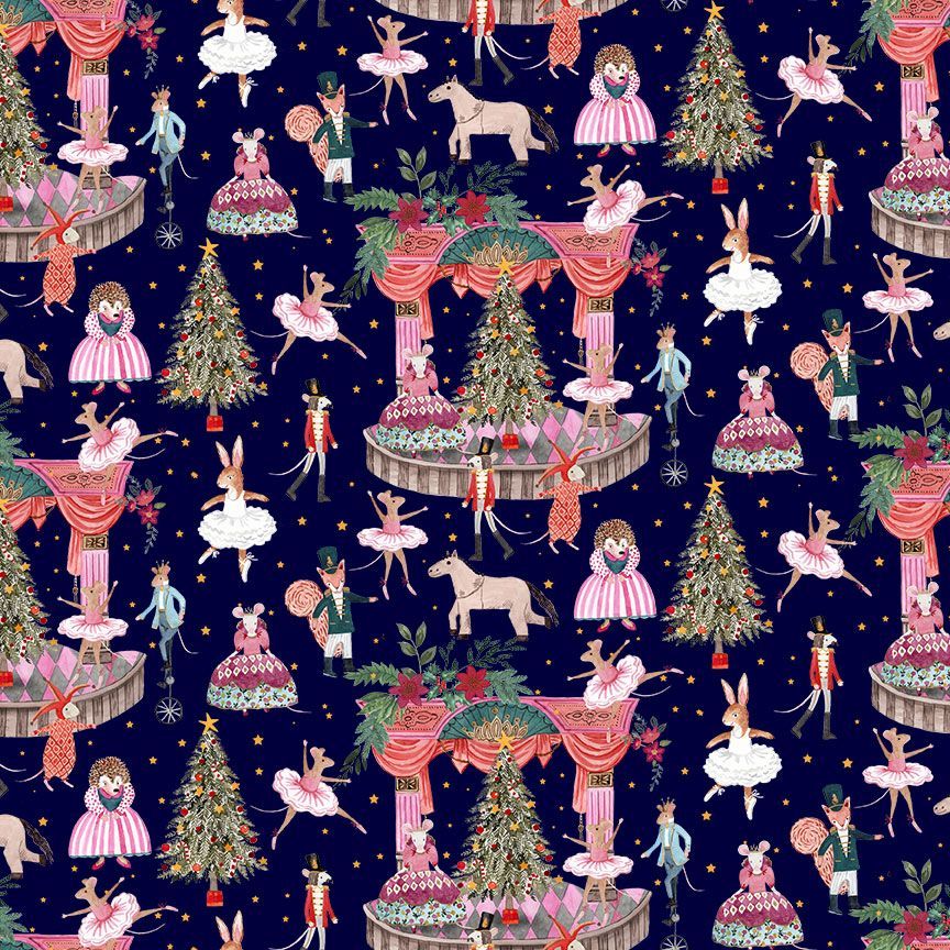 Timeless Treasures Christmas Tree Animal Dancing Mouse Rabbit Stars Navy (TT Woodland Ballet)