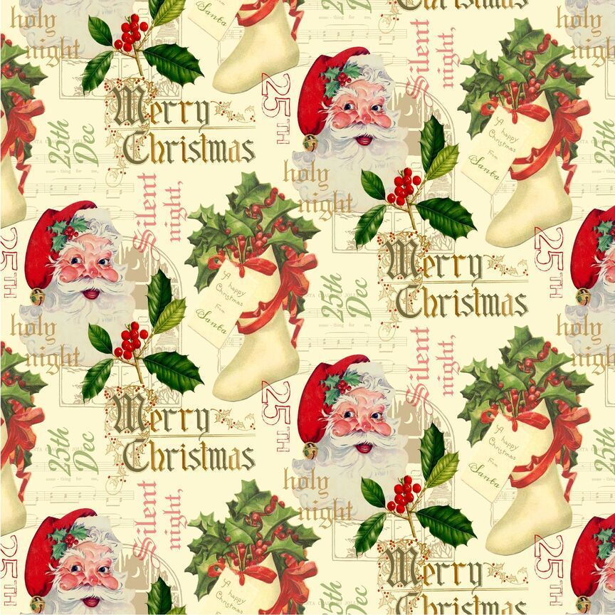 Timeless Treasures Vintage Jolly Santas & Text Stocking Holly Merry Cream (TT Christmas Memories 1)