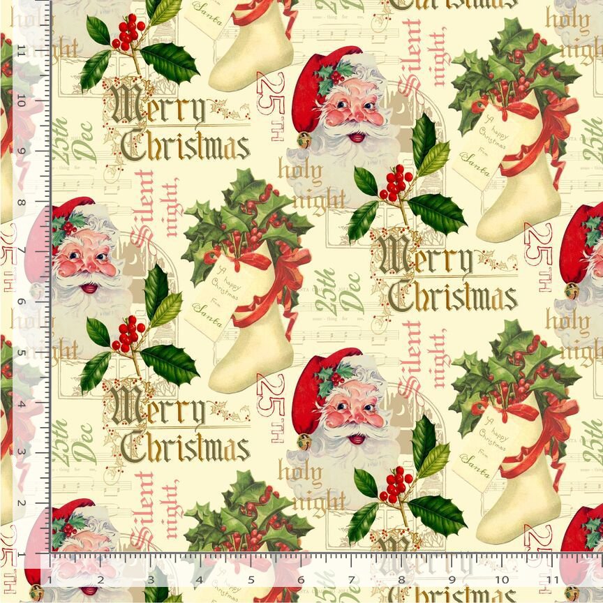 Timeless Treasures Vintage Jolly Santas & Text Stocking Holly Merry Cream (TT Christmas Memories 1)