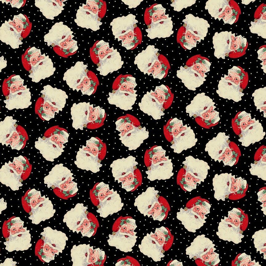Timeless Treasures Tossed Vintage Jolly Santa Heads & Dots Father Christmas Black Remnant (43cm x 112cm TT Christmas Memories 2)