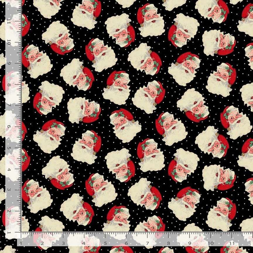 Timeless Treasures Tossed Vintage Jolly Santa Heads & Dots Father Christmas Black Remnant (34cm x 112cm TT Christmas Memories 2)