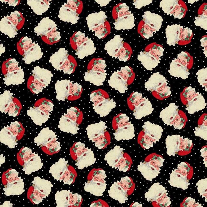 Timeless Treasures Tossed Vintage Jolly Santa Heads & Dots Father Christmas Black Remnant (34cm x 112cm TT Christmas Memories 2)