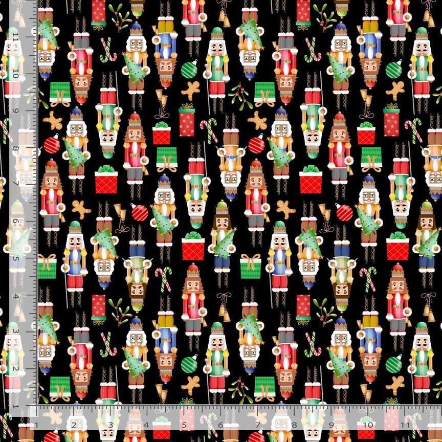 Timeless Treasures Nutcrackers Soldier Baubles Decorations Holly Presents Black Remnant (34cm x 112cm TT Christmas Memories 3)