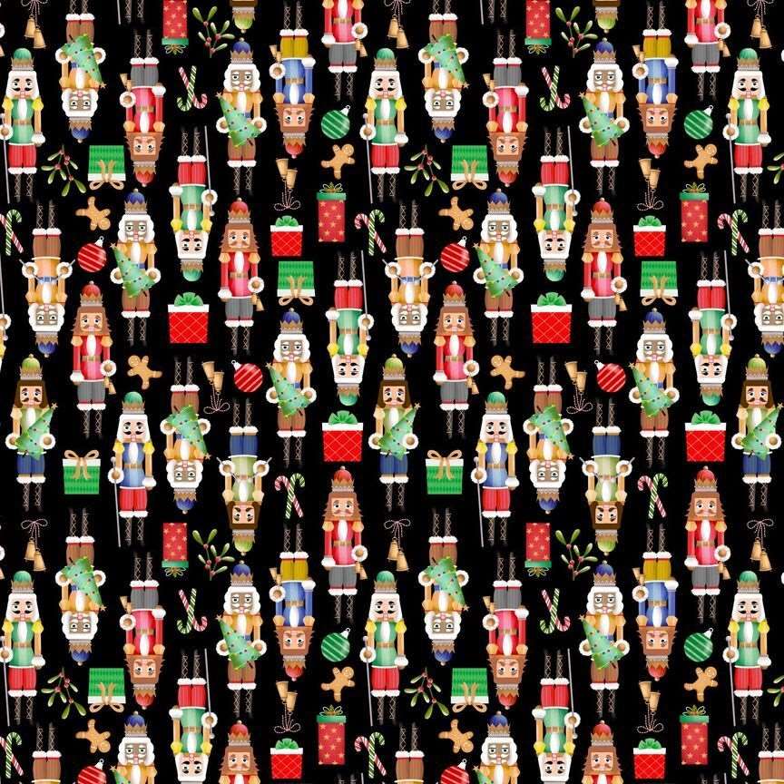Timeless Treasures Nutcrackers Soldier Baubles Decorations Holly Presents Black Remnant (34cm x 112cm TT Christmas Memories 3)
