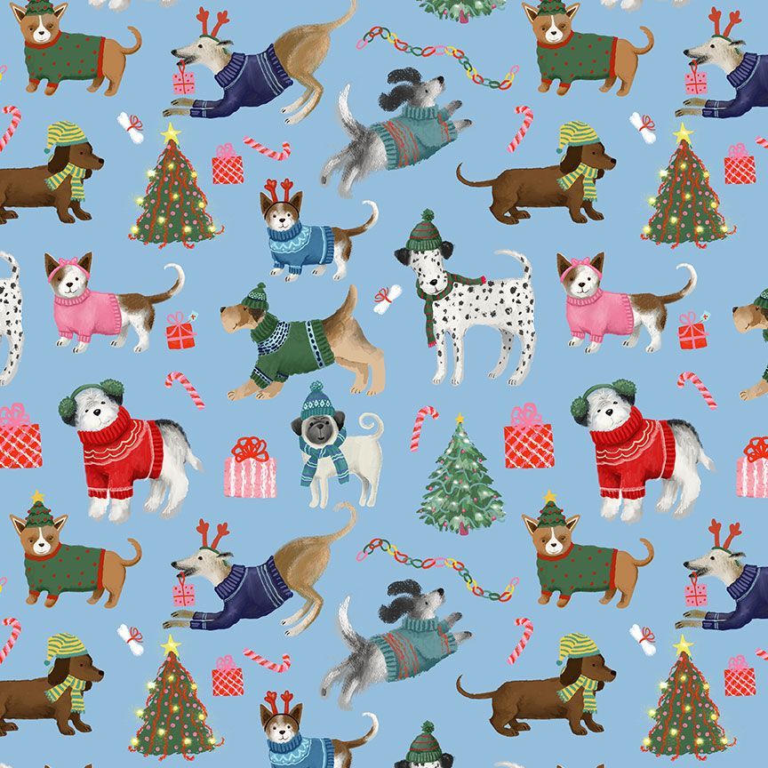 Timeless Treasures Cute Tossed Holiday Dogs In Jumpers Christmas Tree Presents Animal Blue (TT Holiday Favourites 3)