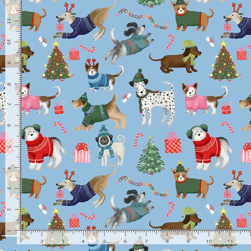 Timeless Treasures Cute Tossed Holiday Dogs In Jumpers Christmas Tree Presents Animal Blue (TT Holiday Favourites 3)