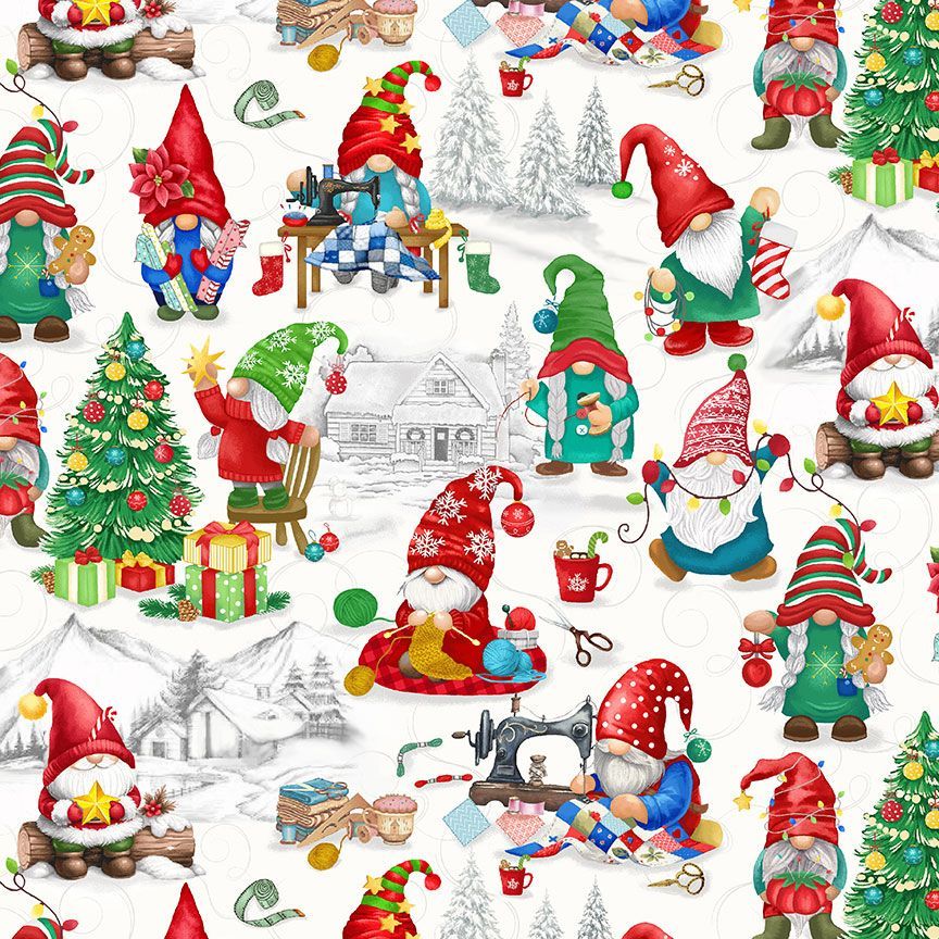 Timeless Treasures Cute Christmas Tree Decorations Gonks Quilting Gnomes Winter Scene White (TT Holiday Favourites 4)