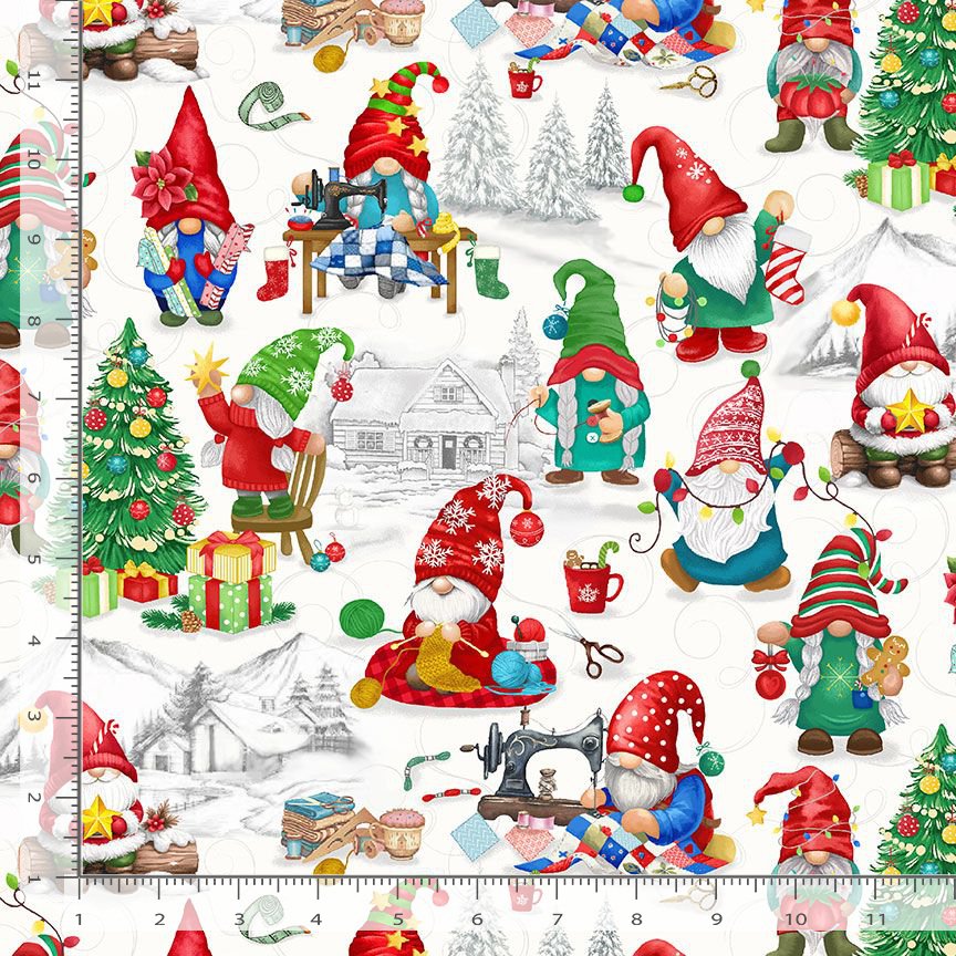 Timeless Treasures Cute Christmas Tree Decorations Gonks Quilting Gnomes Winter Scene White (TT Holiday Favourites 4)