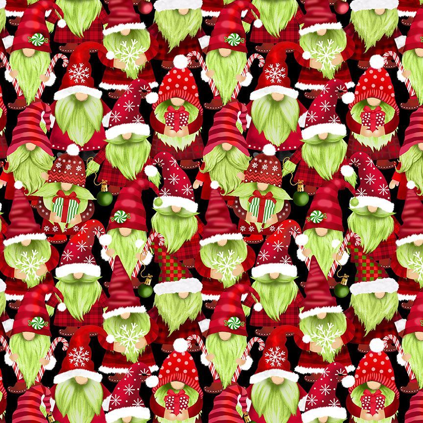 Pattern of Christmas gnomes in red and green on a black background
