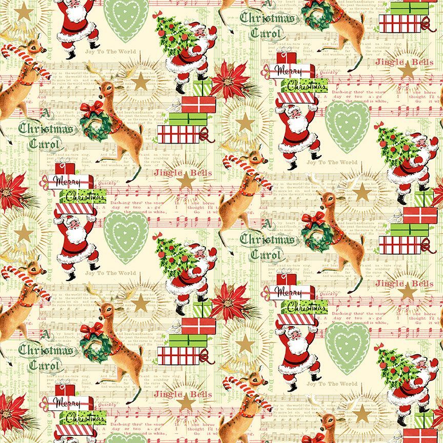 Timeless Treasures Christmas Trees Presents Music Notes Reindeer Santa Animal Cream (TT Holiday Favourites 6)