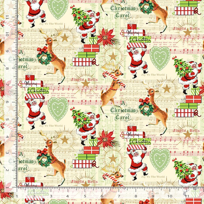 Timeless Treasures Christmas Trees Presents Music Notes Reindeer Santa Animal Cream (TT Holiday Favourites 6)