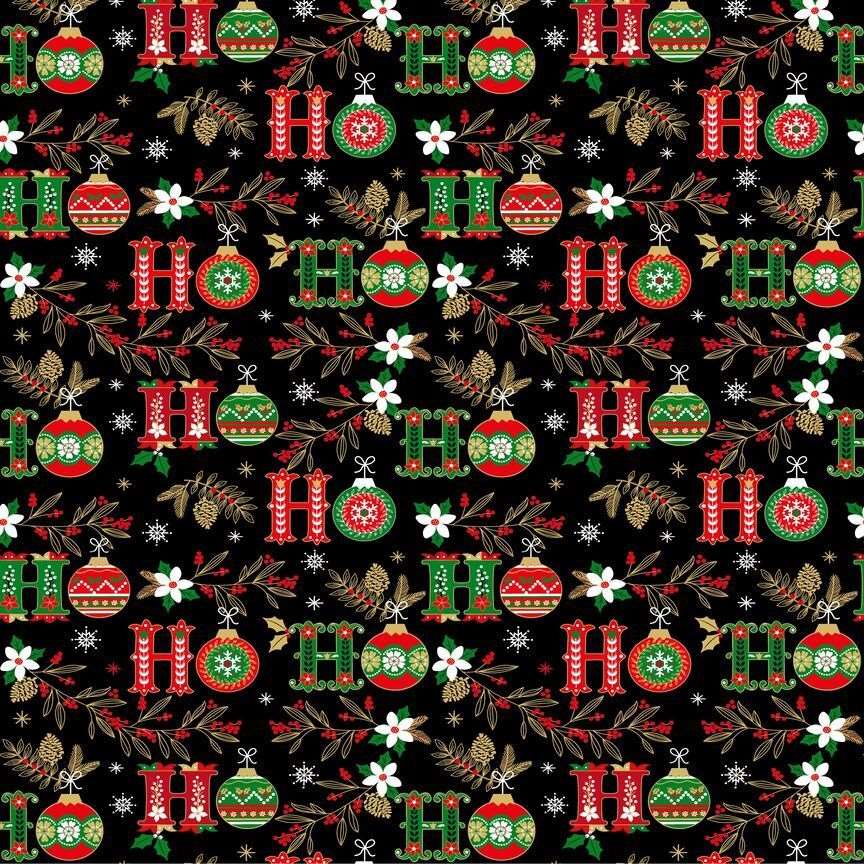 Timeless Treasures Ho Ho Text & Christmas Floral Bauble Metallic Black (TT Christmas Magic 1)