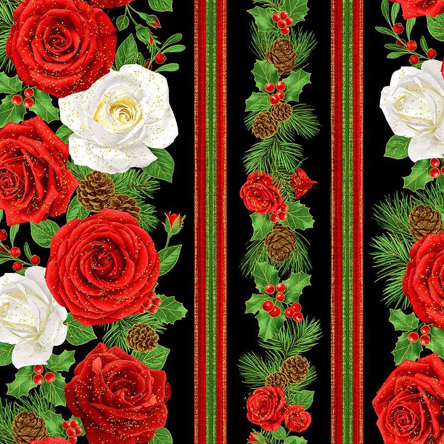 Timeless Treasures Metallic Rose 11" Stripe Christmas Floral Pinecone Black (TT Winter Rose 2)