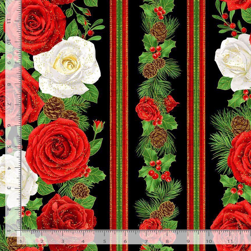 Timeless Treasures Metallic Rose 11" Stripe Christmas Floral Pinecone Black (TT Winter Rose 2)