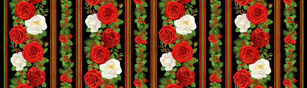 Timeless Treasures Metallic Rose 11" Stripe Christmas Floral Pinecone Black (TT Winter Rose 2)