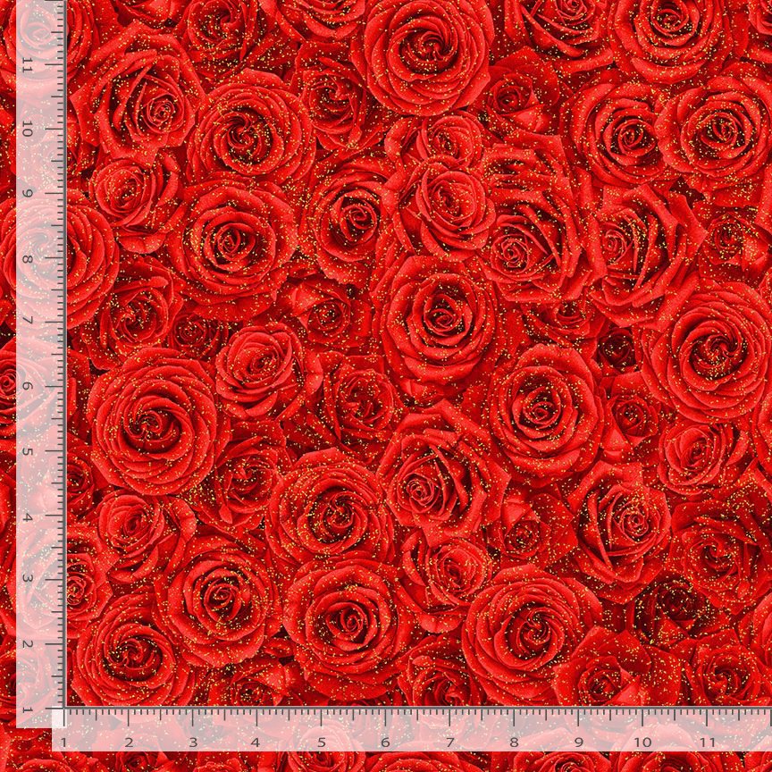 Timeless Treasures Packed Red Metallic Roses Christmas Floral Red (TT Winter Rose 4)