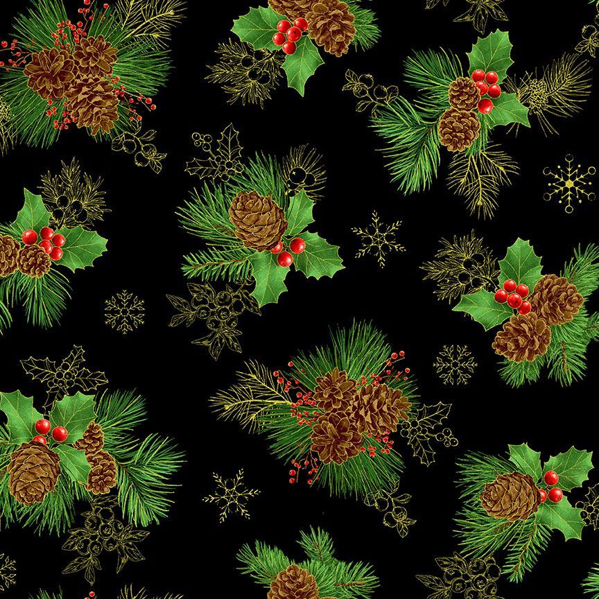 Timeless Treasures Pinecone & Berries Tossed Bouquet Snowflakes Metallic Black (TT Winter Rose 6)