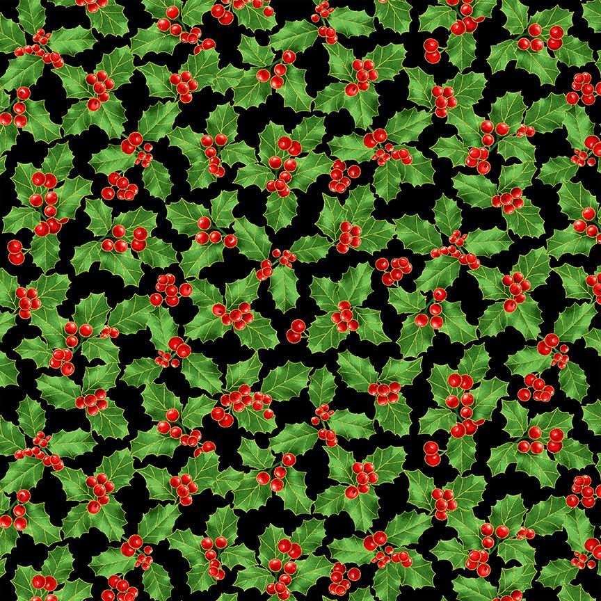 Timeless Treasures Fancy Christmas Mistletoe Holly Berries Metallic Black (TT Winter Rose 7)