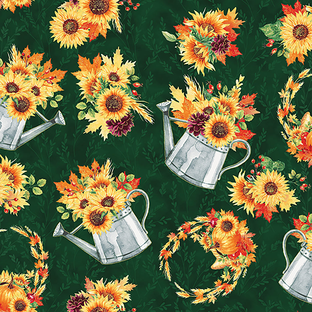 Hoffman Autumn Harvest Sunflowers Watering Can Gardening Green Remnant (54cm x 112cm Hoff Fall Blooms 1)
