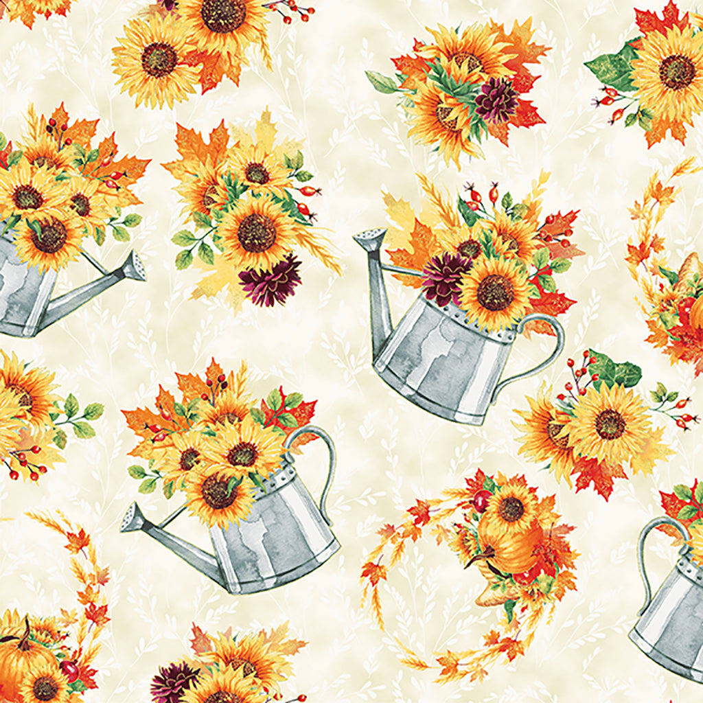 Hoffman Autumn Harvest Sunflowers Watering Can Gardening Metallic Cream Remnant (68cm x 112cm Hoff Fall Blooms 1)