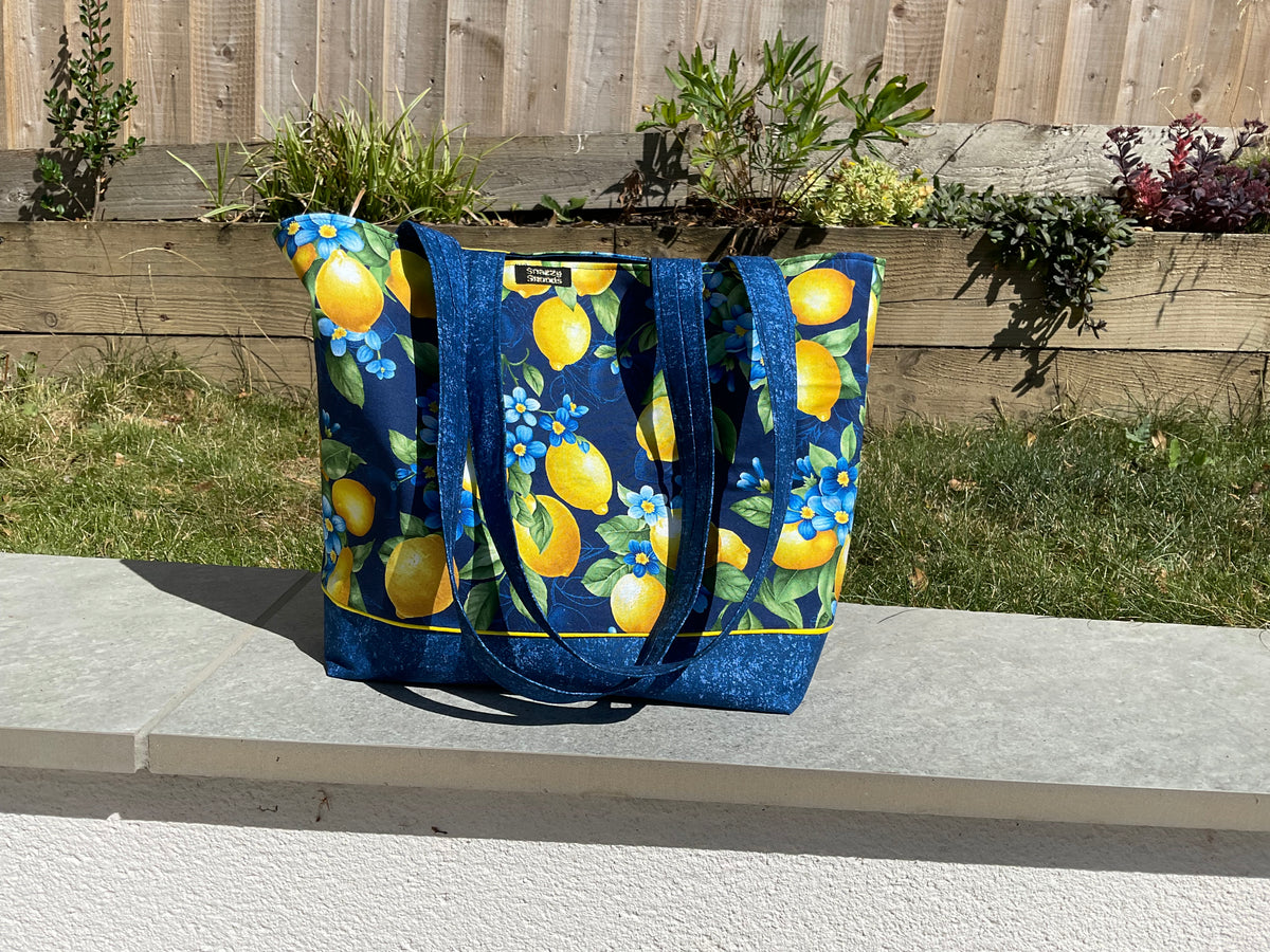 Timeless Treasures Yellow Lemon Bouquet Fruit Flowers Floral Navy (TT Limoncello 1)