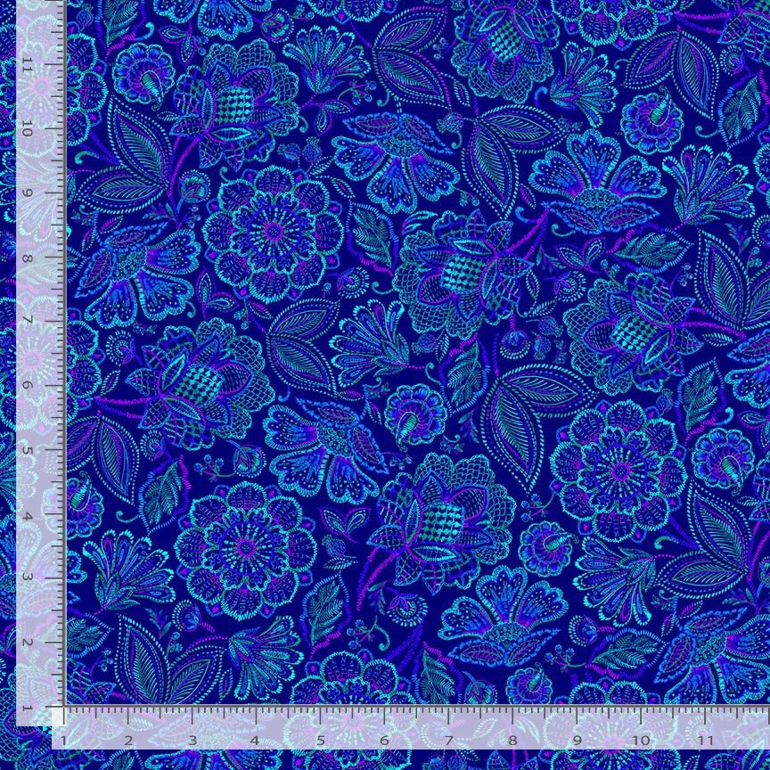 Timeless Treasures Packed Jacobean Floral Flowers Pattern Royal Blue (TT Indigo Garden 1)