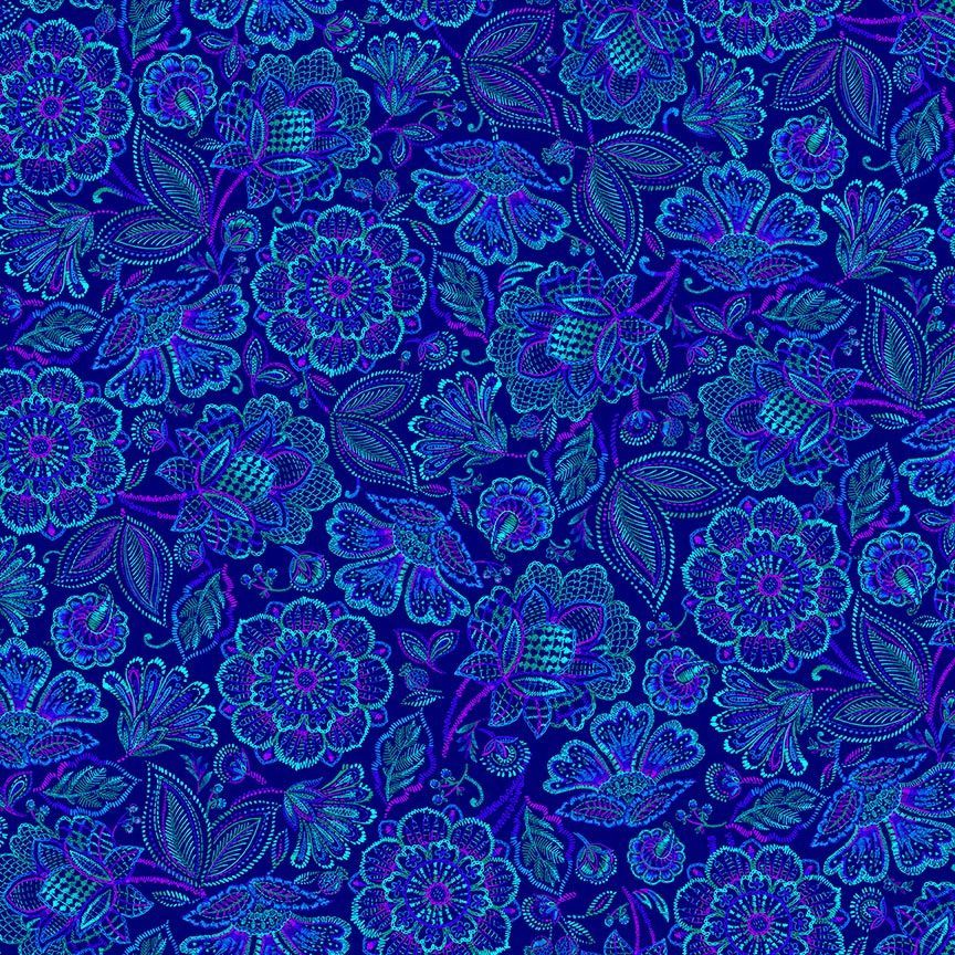 Timeless Treasures Packed Jacobean Floral Flowers Pattern Royal Blue (TT Indigo Garden 1)