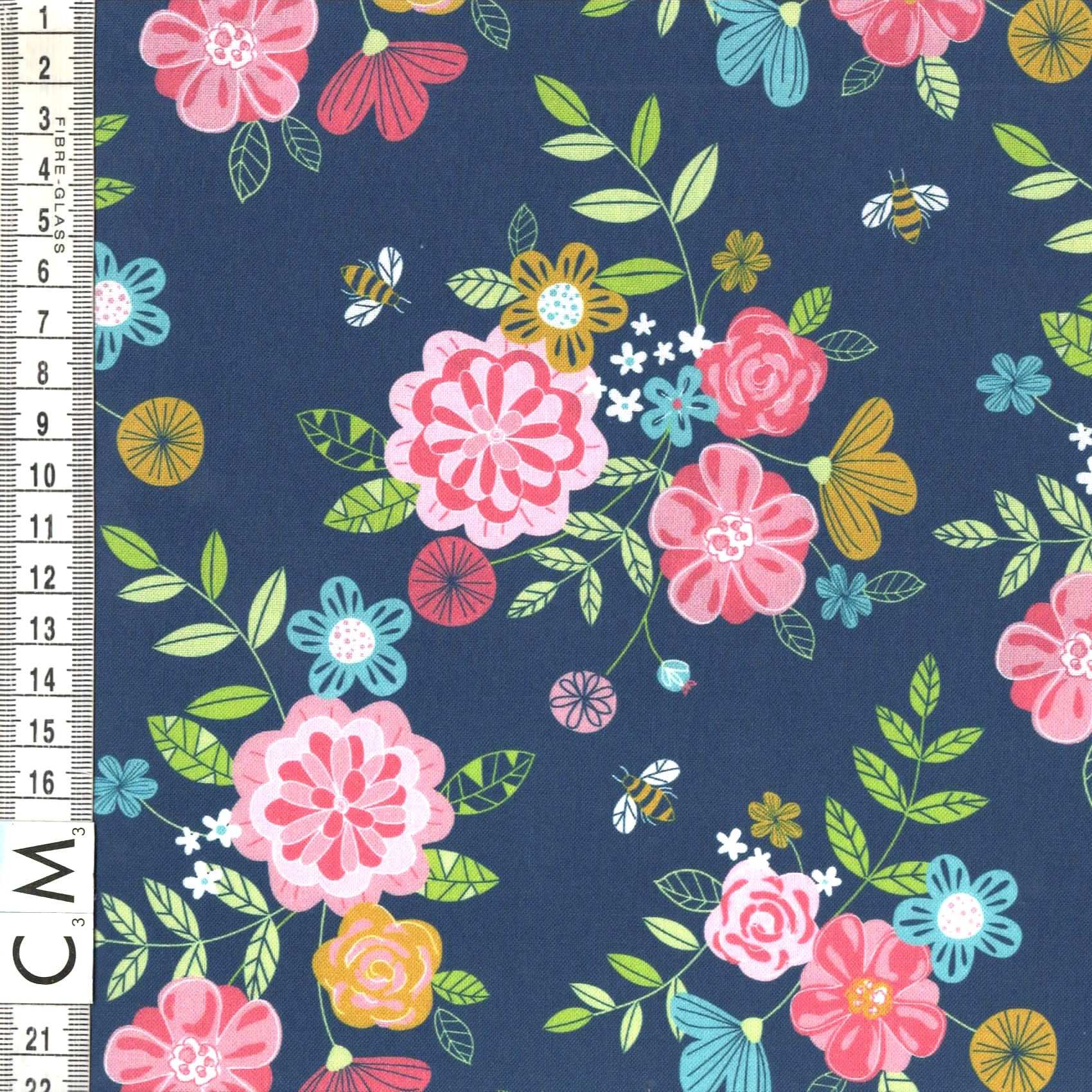 Nutex Pretty Florals Flowers Bouquet Bees Nature Navy (Wildflower Honey 1)
