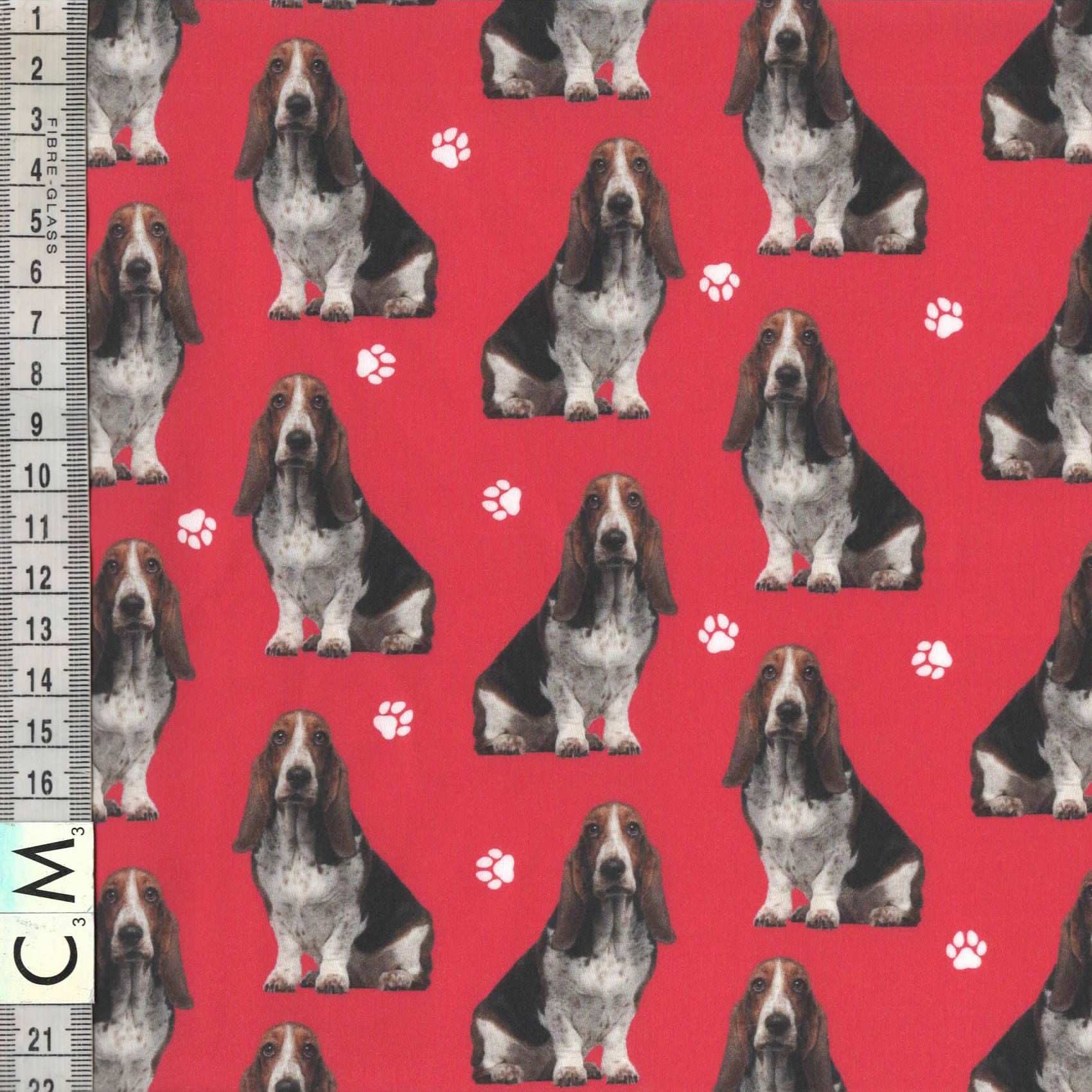 Quirky Cottons Hunting French Hound Dog Breed Paw Prints Red (QC Basset Hound- 1 METRE PIECE)
