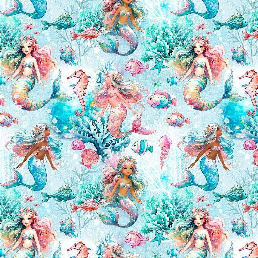 Timeless Treasures Underwater Mermaids Childrens Ocean Fish Seahorse Blue Remnant (29cm x 112cm TT Underwater Mermaids 1)