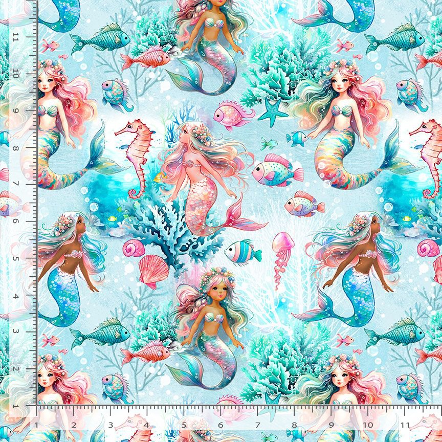 Timeless Treasures Underwater Mermaids Childrens Ocean Fish Seahorse Blue Remnant (29cm x 112cm TT Underwater Mermaids 1)