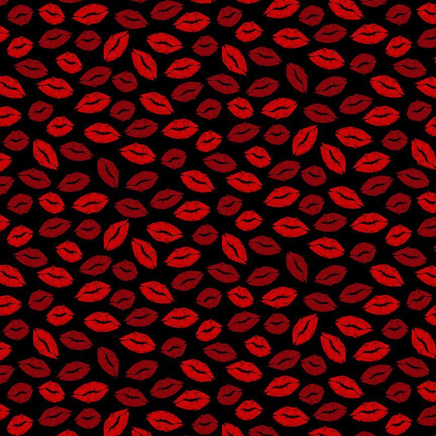 Timeless Treasures 100% Cotton Fabric Red Lipstick Kisses Lips Kiss Valentines Black (TT Rendezvous 2)