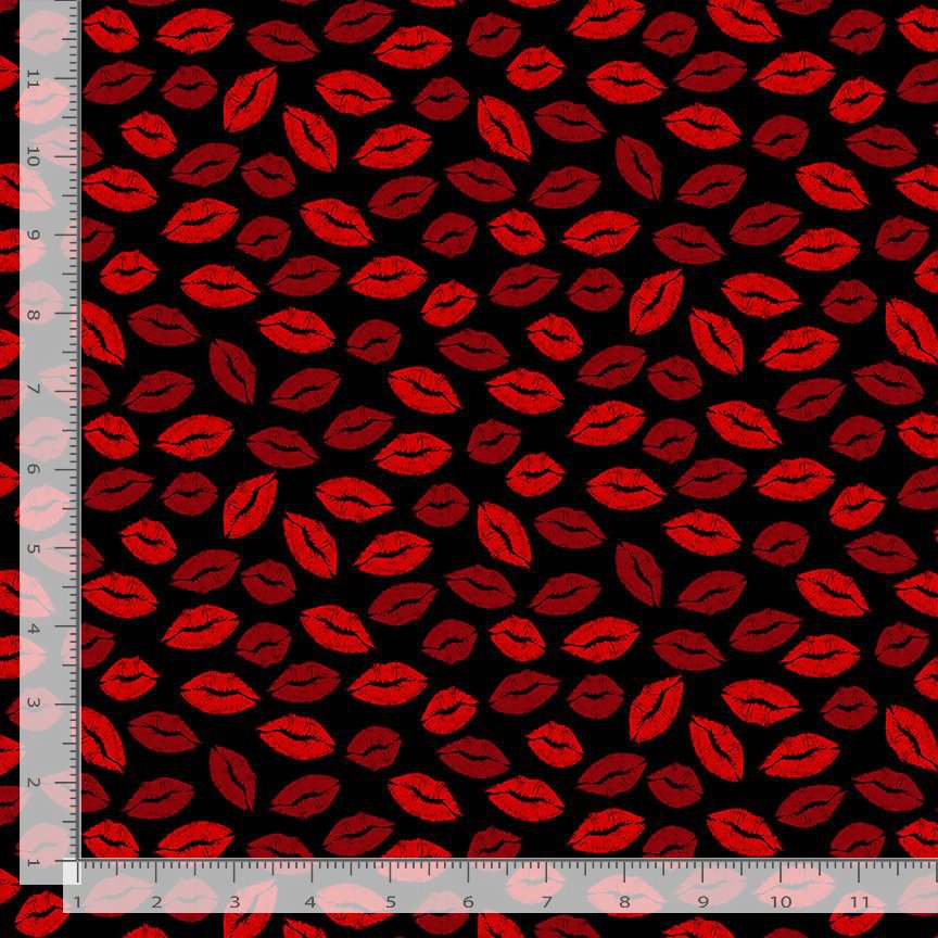 Timeless Treasures 100% Cotton Fabric Red Lipstick Kisses Lips Kiss Valentines Black (TT Rendezvous 2)